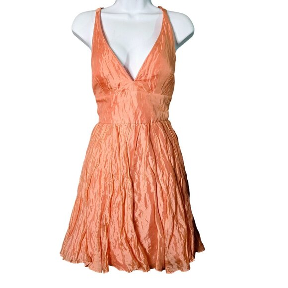 Y2K Vintage Style Silk Metallic Pink Coral Crinkle Halter Babydoll Mini Dress sz - Picture 1 of 12